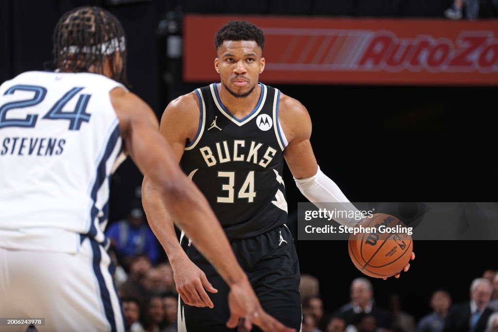 MEMPHIS, TN - FEBRUARY 15: Giannis Antetokounmpo #34 of the <strong><a  data-cke-saved-href='https://www.vavel.com/en-us/nba/2023/12/04/1165186-preview-new-york-knicks-vs-milwaukee-bucks-great-game-in-the-east-for-a-place-in-the-semifinals-of-the-in-season-tournament.html' href='https://www.vavel.com/en-us/nba/2023/12/04/1165186-preview-new-york-knicks-vs-milwaukee-bucks-great-game-in-the-east-for-a-place-in-the-semifinals-of-the-in-season-tournament.html'>Milwaukee Buck</a></strong>s looks on during the game against the Memphis Grizzlies on February 15, 2024 at FedExForum in Memphis, Tennessee. NOTE TO USER: User expressly acknowledges and agrees that, by downloading and or using this photograph, User is consenting to the terms and conditions of the Getty Images License Agreement. Mandatory Copyright Notice: Copyright 2024 NBAE (Photo by Stephen Gosling/NBAE via Getty Images)