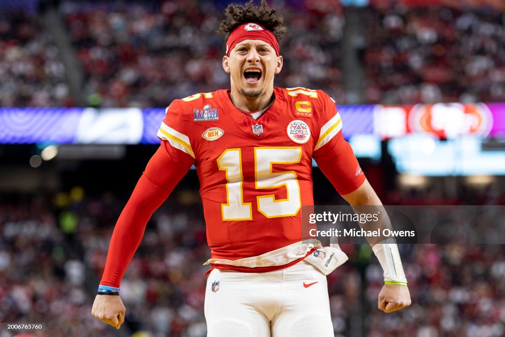 LAS VEGAS, NEVADA - FEBRUARY 11: Patrick Mahomes #15 of the Kansas City Chiefs reacts prior to the NFL Super Bowl 58 football game between the San Francisco 49ers and the Kansas City Chiefs at Allegiant Stadium on February 11, 2024 in Las Vegas, Nevada. (Photo by Michael Owens/Getty Images