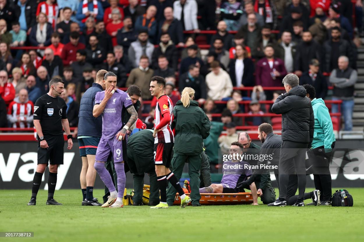  Diogo Jota of Liverpool is stretchered off after a challenge with Christian Norgaard. Picture by (Ryan Pierse/Getty Images) 