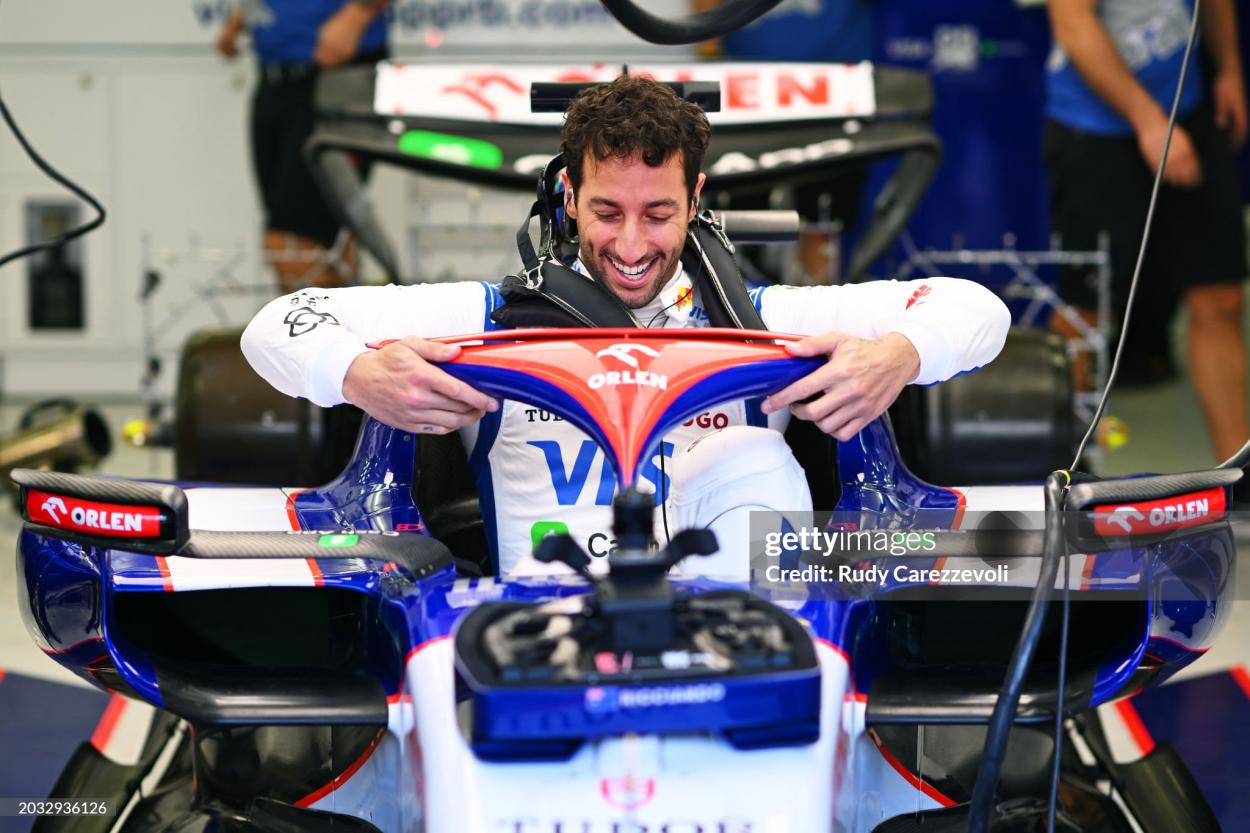 The ever-smiling <strong><a  data-cke-saved-href='https://www.vavel.com/en/motorsports/2023/07/23/1151651-hungarian-grand-prix-driver-and-constructor-ratings.html' href='https://www.vavel.com/en/motorsports/2023/07/23/1151651-hungarian-grand-prix-driver-and-constructor-ratings.html'>Daniel Ricciardo</a></strong> gearing up for pre-season testing in the striking new RB livery. (Photo by Rudy Carezzevoli/Getty Images)