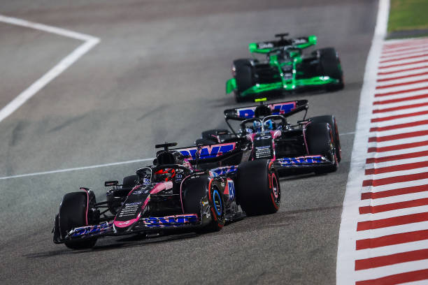 Esteban Ocon of France driving the (31) Alpine F1 A524 Renault on track and Pierre Gasly of France driving the (10) Alpine F1 A524 Renault on track during the F1 Grand Prix of Bahrain at Bahrain International Circuit on March 02, 2024 in Bahrain, Bahrain. (Photo by Eric Alonso/Getty Images )