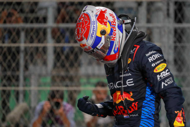 Max Verstappen of the Netherlands and Oracle Red Bull Racing celebrates his win in parc feme during the F1 Grand Prix of Saudi Arabia at Jeddah Corniche Circuit on March 9, 2024 in Jeddah, Saudi Arabia. (Photo by Qian Jun/MB Media/Getty Images)