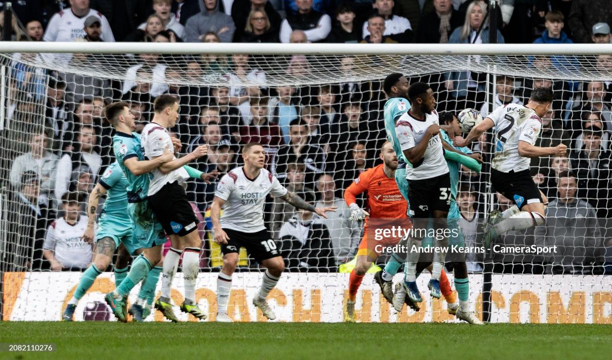  Kane Wilson (#2) scoring his side's first goal during the Sky Bet League One match between Derby County and Bolton Wanderers at Pride Park Stadium on March 16, 2024 in Derby, United Kingdom. (Photo by Andrew Kearns - CameraSport via Getty Images)