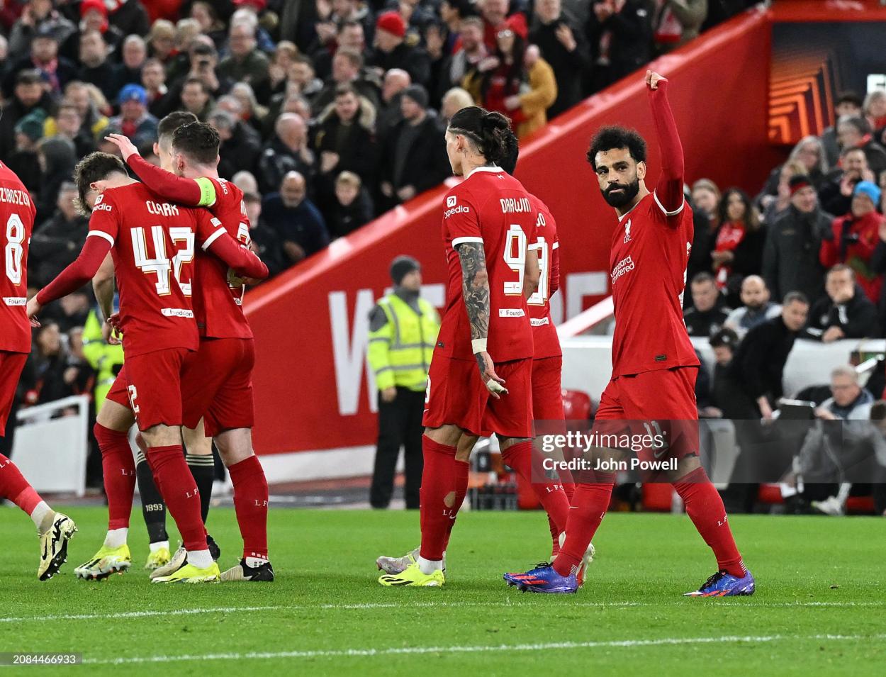 Salah became the first Liverpool player to score 20 goals in seven consecutive seasons following his strike against Sparta Prague (Photo by John Powell/Liverpool FC via Getty Images)