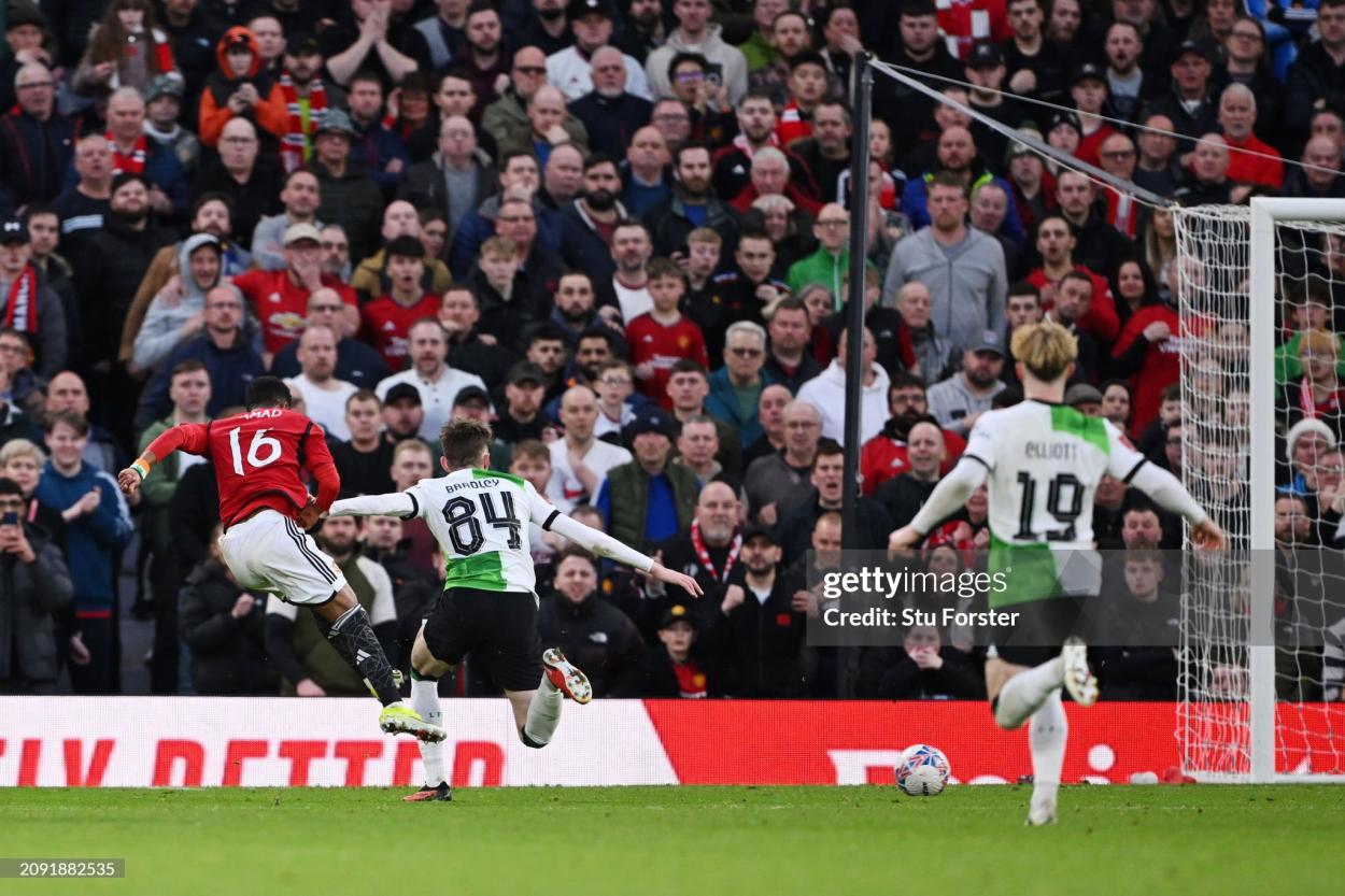 Amad Diallo's late goal against Liverpool today. (Photo by Stu Forster/ Getty Images)