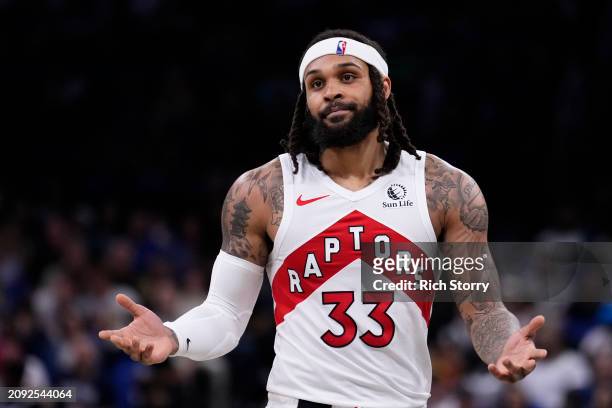 ORLANDO, FLORIDA - MARCH 17: Gary Trent Jr. #33 of the Toronto Raptors reacts after being called for a foul against the Orlando Magic during the fourth quarter at Kia Center on March 17, 2024 in Orlando, Florida. NOTE TO USER: User expressly acknowledges and agrees that, by downloading and or using this photograph, User is consenting to the terms and conditions of the Getty Images License Agreement. (Photo by Rich Storry/Getty Images)