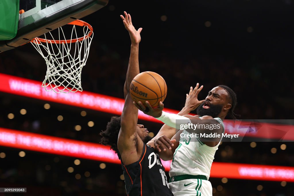BOSTON, MASSACHUSETTS - MARCH 18: Jaylen Brown #7 of the Boston Celtics takes a shot against James Wiseman #13 of the Detroit Pistons during the first quarter at TD Garden on March 18, 2024 in Boston, Massachusetts. NOTE TO USER: User expressly acknowledges and agrees that, by downloading and or using this photograph, user is consenting to the terms and conditions of the Getty Images License Agreement. (Photo by Maddie Meyer/Getty Images)