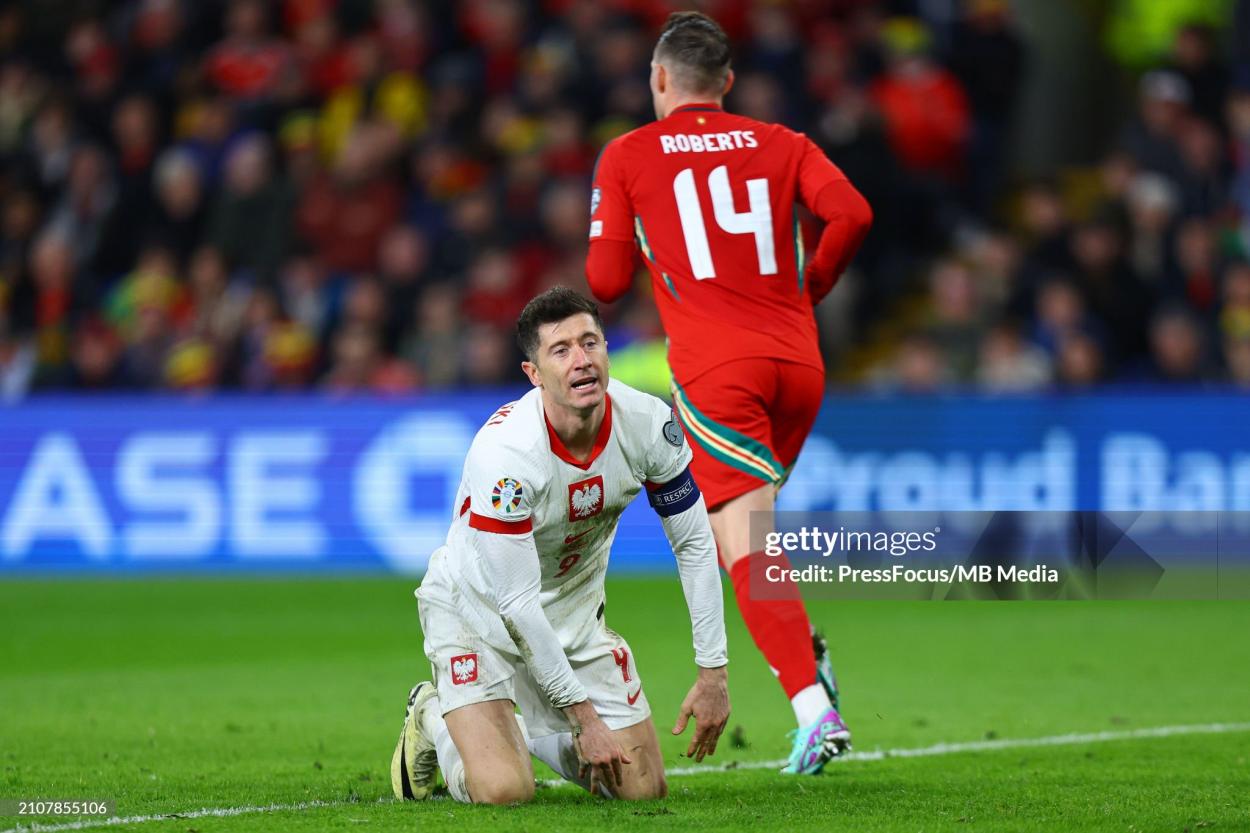 CARDIFF, WALES - MARCH 26: <strong><a  data-cke-saved-href='https://www.vavel.com/en/international-football/2022/11/30/1130928-preview-poland-vs-argentina-world-cup-group-c-round-3-2022.html' href='https://www.vavel.com/en/international-football/2022/11/30/1130928-preview-poland-vs-argentina-world-cup-group-c-round-3-2022.html'>Robert Lewandowski</a></strong> of Poland reacts during the UEFA EURO 2024 Play-Offs Group A match between Wales and Poland at Cardiff City Stadium on March 26, 2024 in Cardiff, Wales. (Photo by Pawel Andrachiewicz/PressFocus/MB Media/Getty Images)