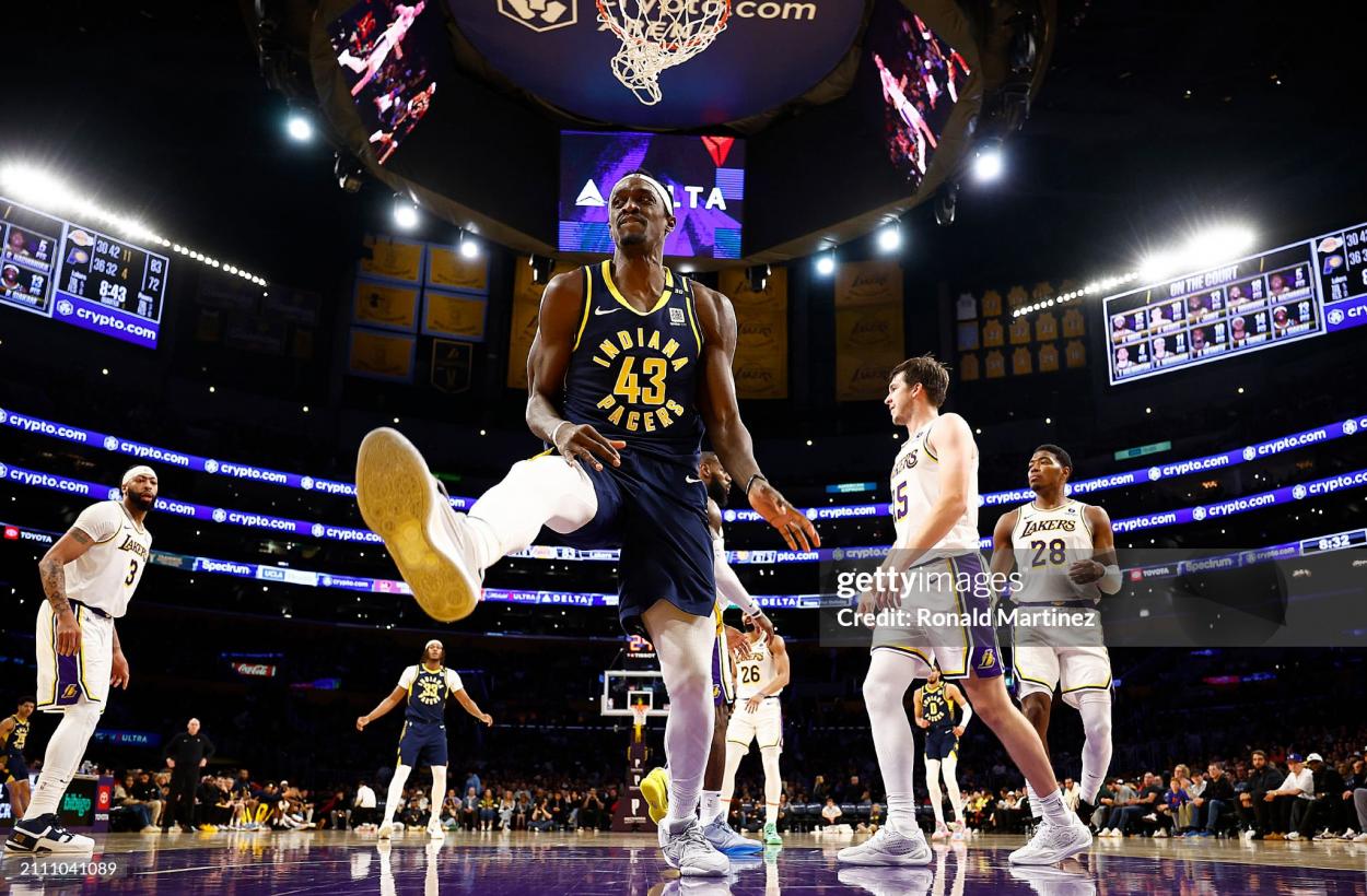 Pascal Siakam after throwing down a dunk against the Lakers (Photo by Ronald Martinez/Getty Images)