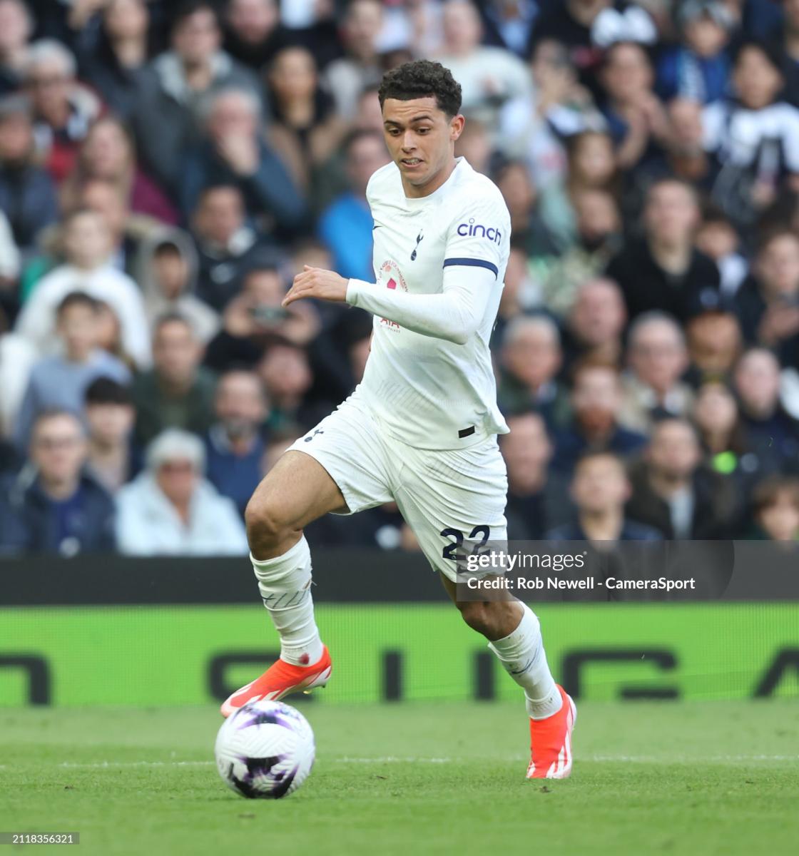 Tottenham Hotspur's Brennan Johnson during the <strong><a  data-cke-saved-href='https://www.vavel.com/en/football/2023/12/31/tottenham-hotspur/1167314-tottenham-hotspur-3-1-bournemouth-spurs-ruin-the-cherries-unbeaten-run.html' href='https://www.vavel.com/en/football/2023/12/31/tottenham-hotspur/1167314-tottenham-hotspur-3-1-bournemouth-spurs-ruin-the-cherries-unbeaten-run.html'>Premier League</a></strong> match between <strong><a  data-cke-saved-href='https://www.vavel.com/en/football/2023/12/04/tottenham-hotspur/1165233-tottenham-vs-newcastle-what-threats-do-the-magpies-pose-to-spurs.html' href='https://www.vavel.com/en/football/2023/12/04/tottenham-hotspur/1165233-tottenham-vs-newcastle-what-threats-do-the-magpies-pose-to-spurs.html'>Tottenham Hotspur</a></strong> and <strong><a  data-cke-saved-href='https://www.vavel.com/en/football/2024/03/30/premier-league/1178006-postecoglou-praises-outstanding-son-heung-min-as-spurs-skipper-reaches-new-milestone.html' href='https://www.vavel.com/en/football/2024/03/30/premier-league/1178006-postecoglou-praises-outstanding-son-heung-min-as-spurs-skipper-reaches-new-milestone.html'>Luton Town</a></strong> at <strong><a  data-cke-saved-href='https://www.vavel.com/en/football/2023/12/04/tottenham-hotspur/1165233-tottenham-vs-newcastle-what-threats-do-the-magpies-pose-to-spurs.html' href='https://www.vavel.com/en/football/2023/12/04/tottenham-hotspur/1165233-tottenham-vs-newcastle-what-threats-do-the-magpies-pose-to-spurs.html'>Tottenham Hotspur</a></strong> Stadium on March 30, 2024 in London, England.(Photo by Rob Newell - CameraSport via Getty Images