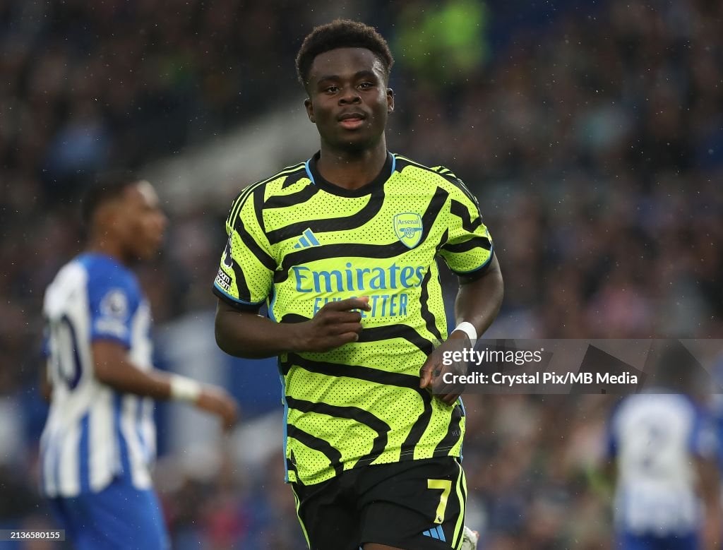 Bakayo Saka scoring against Brighton at the weekend- Getty Images