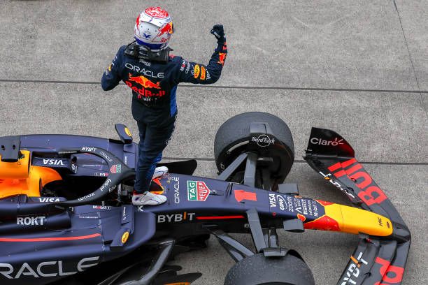 Max Verstappen of the Netherlands and Oracle Red Bull Racing celebrates his win in parc feme during the F1 Grand Prix of Japan at Suzuka International Racing Course on April 7, 2024 in Suzuka, Japan. (Photo by Qian Jun/MB Media/Getty Images)