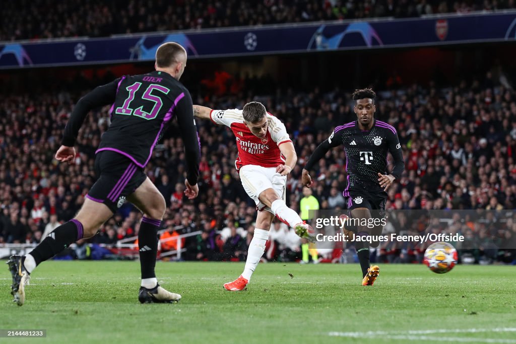 Leandro Trossard of Arsenal scores their 2nd goal during the UEFA Champions League quarter-final first leg match between Arsenal FC and FC <strong><a  data-cke-saved-href='https://www.vavel.com/en-us/soccer/2023/04/18/1144170-real-madrid-look-to-finish-off-chelsea.html' href='https://www.vavel.com/en-us/soccer/2023/04/18/1144170-real-madrid-look-to-finish-off-chelsea.html'>Bayern Munich</a></strong> at Emirates Stadium on April 9, 2024 in London, England.(Photo by Jacques Feeney/Offside/Offside via Getty Images)