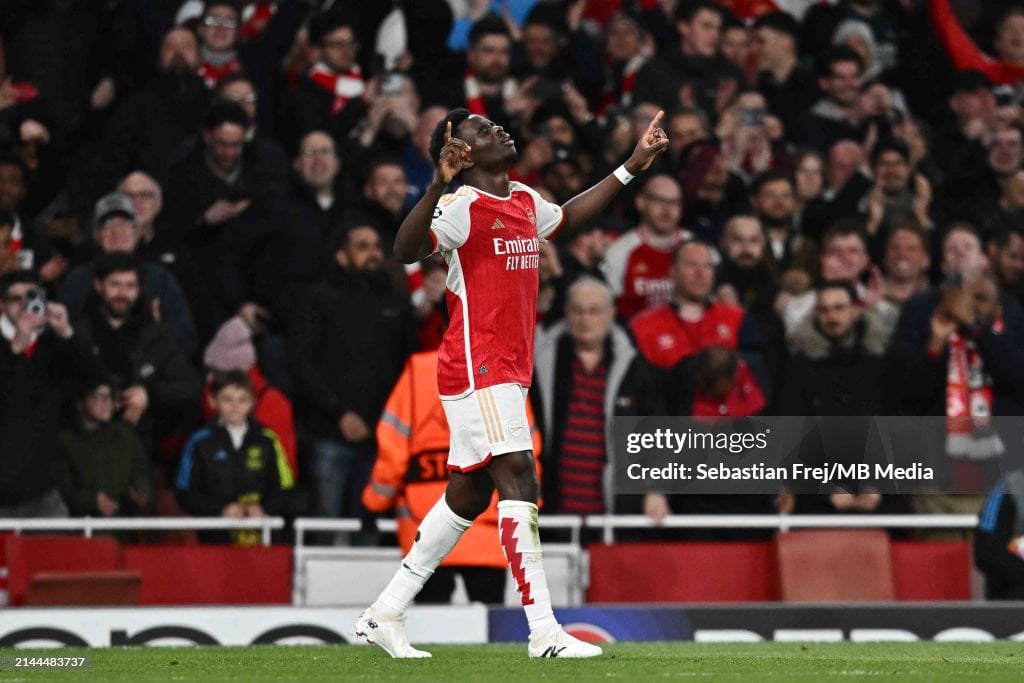 Bakayo Saka celebrating opening the scoring against Bayern last week- Getty Images