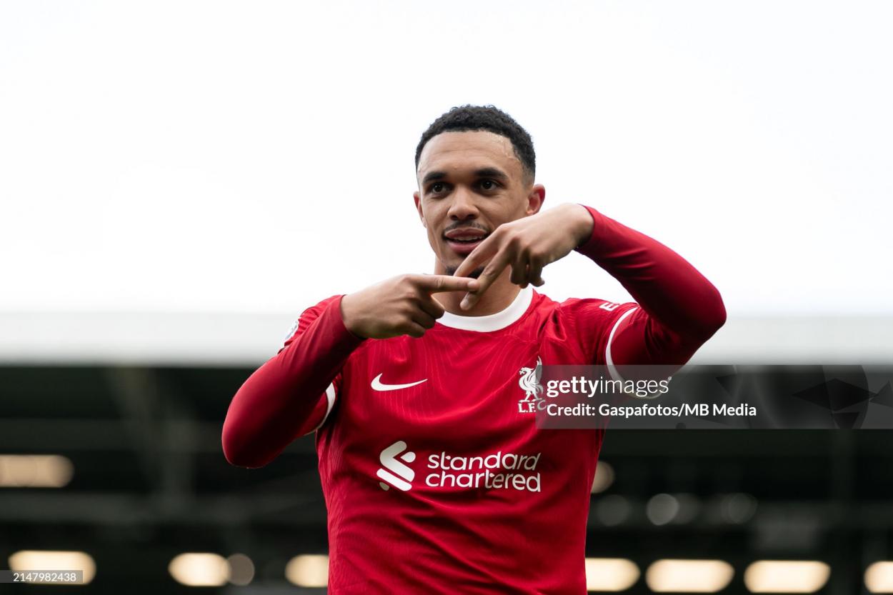 Alexander-Arnold recorded his 100th goal contribution for Liverpool against Fulham on Sunday(Photo by Gaspafotos/MB Media/Getty Images)