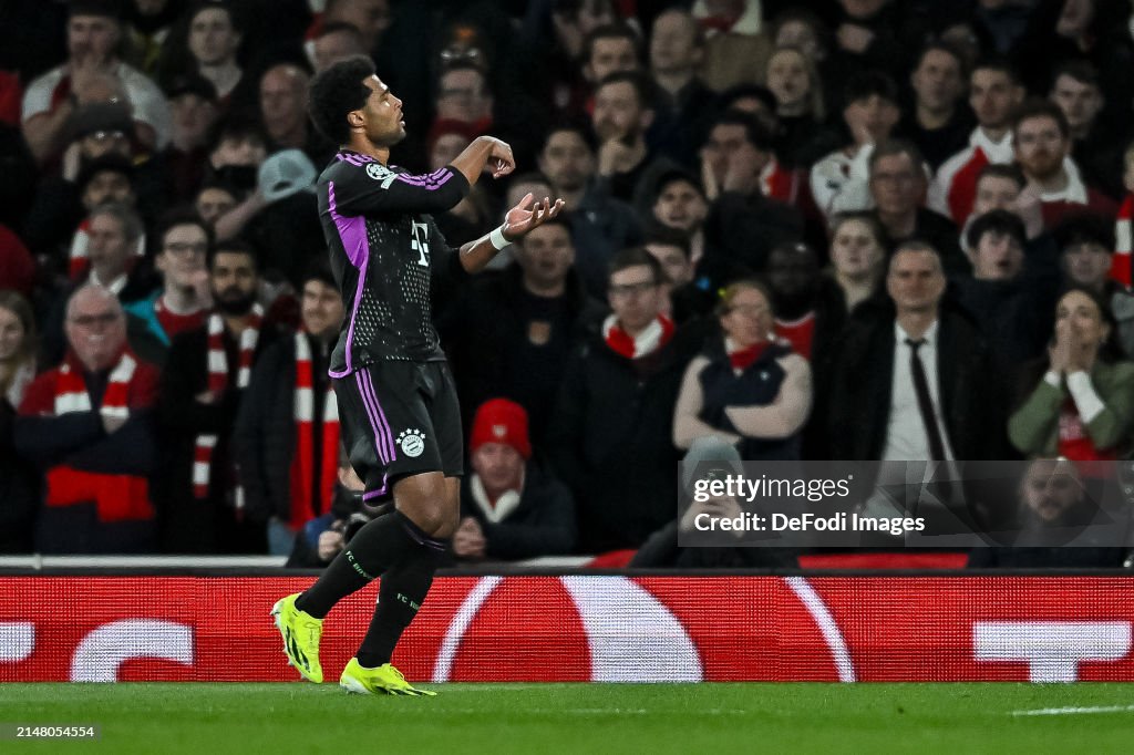  Serge Gnabry of Bayern Muenchen celebrates after scoring his team's first goal during the UEFA Champions League quarter-final first-leg match between Arsenal FC and FC Bayern München at Emirates Stadium on April 9, 2024 in London, United Kingdom. (Photo by Vincent Mignott/DeFodi Images via Getty Images)