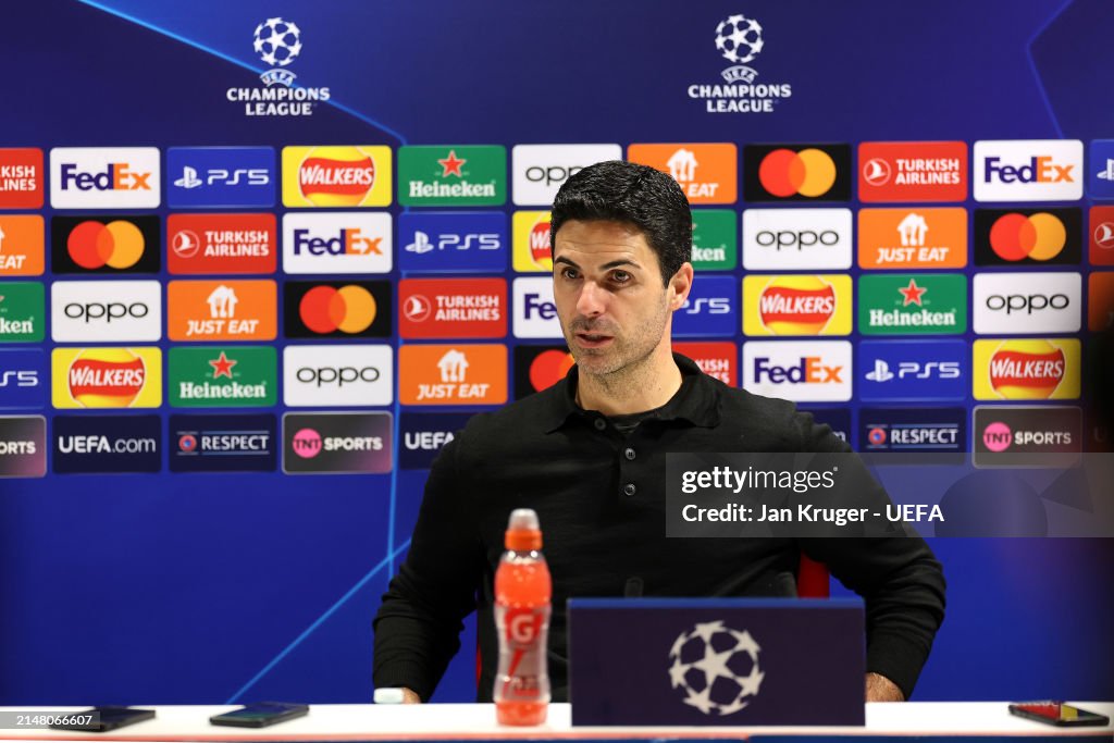Mikel Arteta, Manager of Arsenal is interviewed following the UEFA Champions League quarter-final first leg match between Arsenal FC and FC Bayern München at Emirates Stadium on April 09, 2024 in London, England. (Photo by Jan Kruger - UEFA/UEFA via Getty Images)