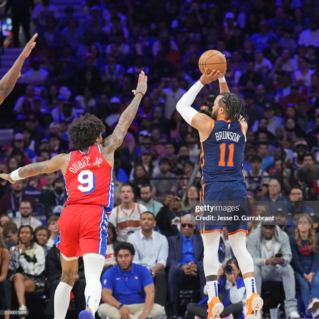 PHILADELPHIA, PA - APRIL 28: Jalen Brunson #11 of the New York Knicks shoots the ball during the game against the Philadelphia 76ers during Round 1 Game 4 of the 2024 NBA Playoffs on April 28, 2024 at the Wells Fargo Center in Philadelphia, Pennsylvania NOTE TO USER: User expressly acknowledges and agrees that, by downloading and/or using this Photograph, user is consenting to the terms and conditions of the Getty Images License Agreement. Mandatory Copyright Notice: Copyright 2024 NBAE (Photo by Jesse D. Garrabrant/NBAE via Getty Images)