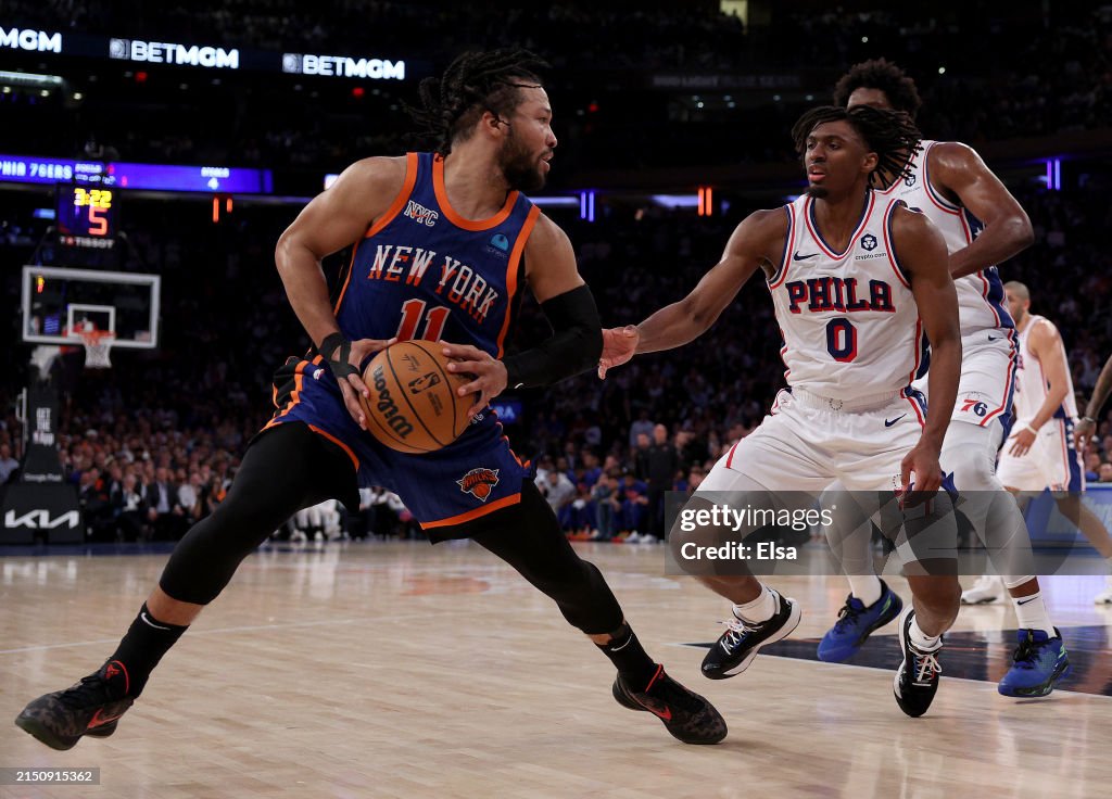  Jalen Brunson #11 of the New York Knicks tries to get around Tyrese Maxey #0 of the Philadelphia 76ers during the second half at Madison Square Garden on April 30, 2024 in New York City. The Philadelphia 76ers defeated the New York Knicks 112-106 in overtime. NOTE TO USER: User expressly acknowledges and agrees that, by downloading and or using this photograph, User is consenting to the terms and conditions of the Getty Images License Agreement. (Photo by Elsa/Getty Images)