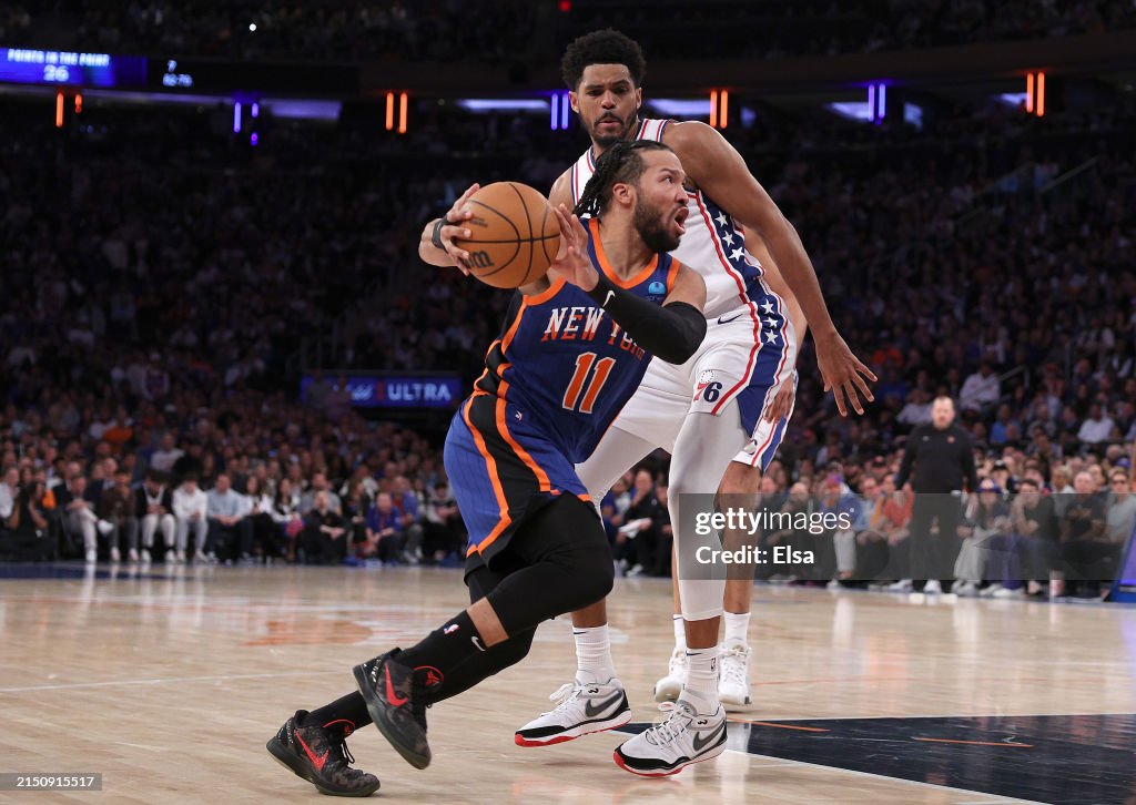 Jalen Brunson #11 of the New York Knicks heads for the net as Tobias Harris #12 of the Philadelphia 76ers defends during the second half at Madison Square Garden on April 30, 2024 in New York City. The Philadelphia 76ers defeated the New York Knicks 112-106 in overtime. NOTE TO USER: User expressly acknowledges and agrees that, by downloading and or using this photograph, User is consenting to the terms and conditions of the Getty Images License Agreement. (Photo by Elsa/Getty Images)