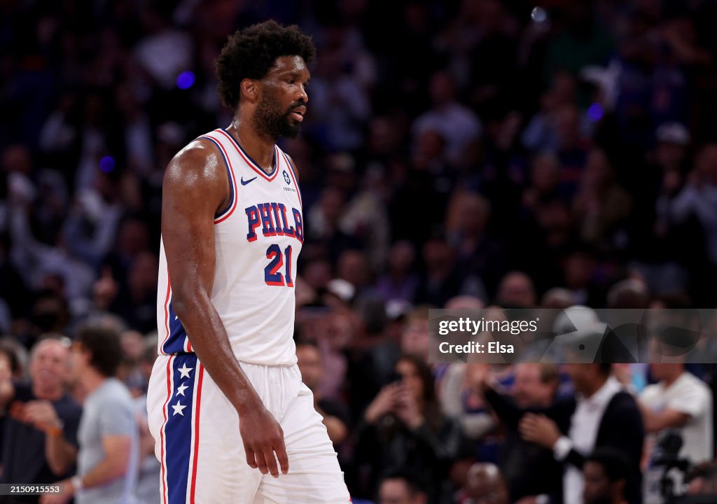 Joel Embiid #21 of the Philadelphia 76ers heads for the bench during the second half against the New York Knicks at Madison Square Garden on April 30, 2024 in New York City. The Philadelphia 76ers defeated the New York Knicks 112-106 in overtime. NOTE TO USER: User expressly acknowledges and agrees that, by downloading and or using this photograph, User is consenting to the terms and conditions of the Getty Images License Agreement. (Photo by Elsa/Getty Images)
