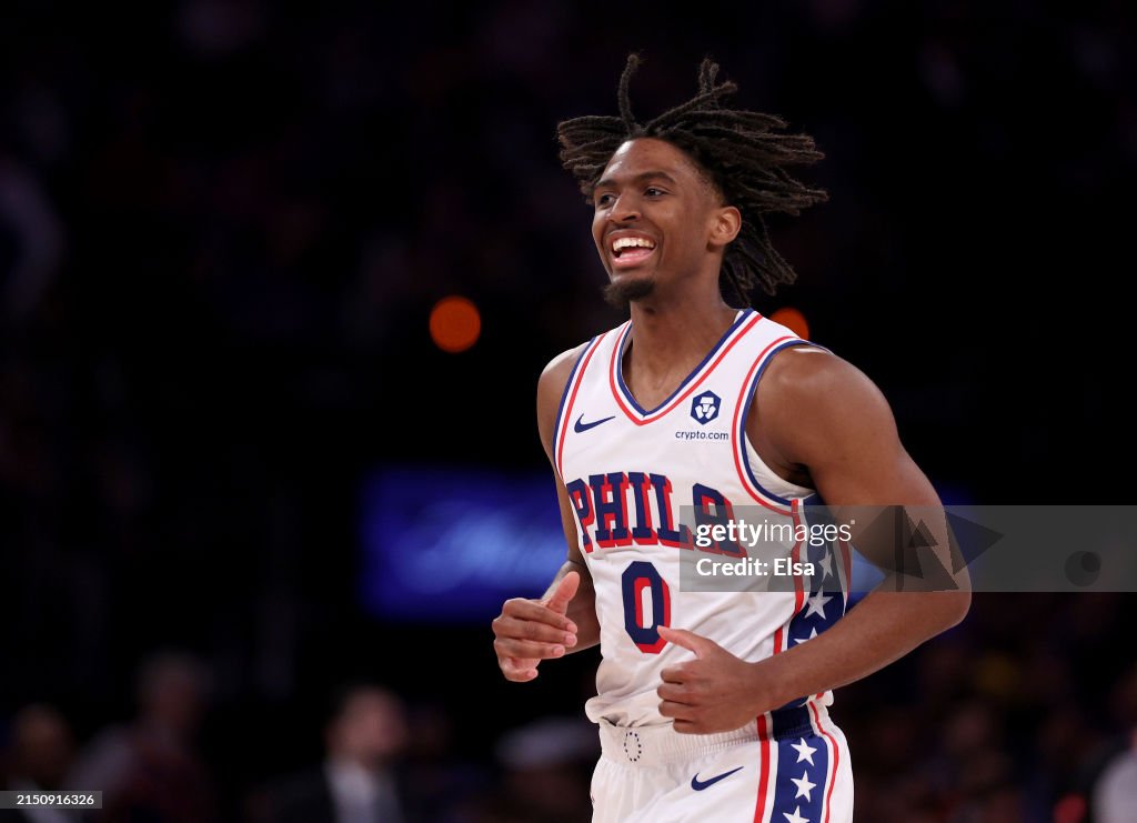 Tyrese Maxey #0 of the Philadelphia 76ers reacts during the second half against the New York Knicks at Madison Square Garden on April 30, 2024 in New York City. The Philadelphia 76ers defeated the New York Knicks 112-106 in overtime. NOTE TO USER: User expressly acknowledges and agrees that, by downloading and or using this photograph, User is consenting to the terms and conditions of the Getty Images License Agreement. (Photo by Elsa/Getty Images)