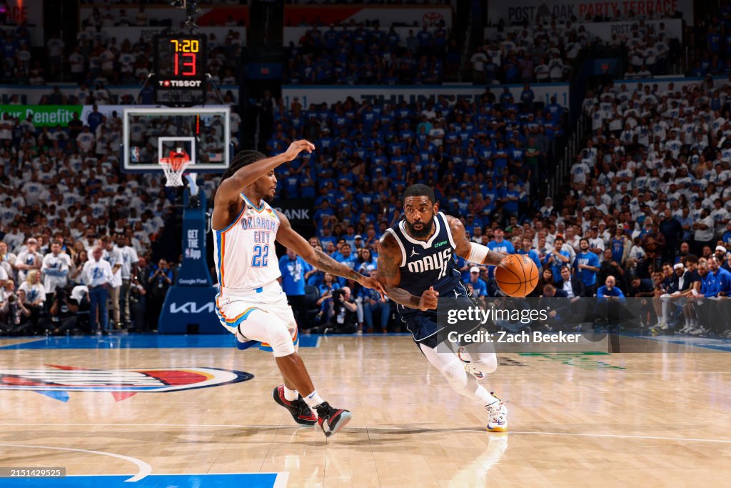 Kyrie Irving #11 of the Dallas Mavericks drives to the basket during the game against the Oklahoma City Thunder during Round Two Game One of the 2024 NBA Playoffs on May 7, 2024 at Paycom Arena in Oklahoma City, Oklahoma. NOTE TO USER: User expressly acknowledges and agrees that, by downloading and or using this photograph, User is consenting to the terms and conditions of the Getty Images License Agreement. Mandatory Copyright Notice: Copyright 2024 NBAE (Photo by Zach Beeker/NBAE via Getty Images)