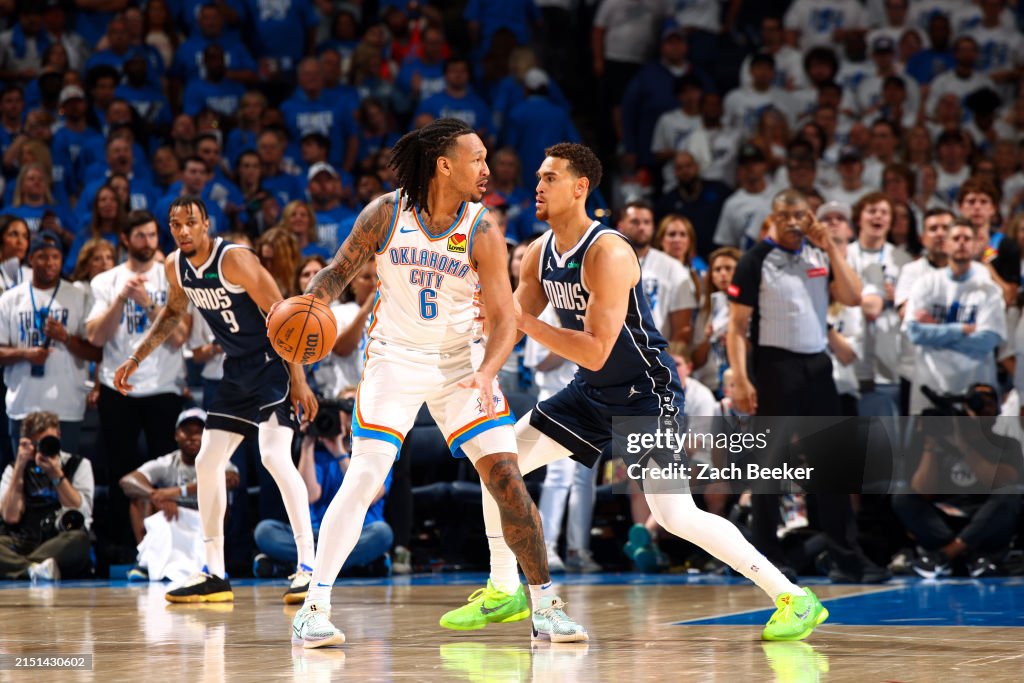 Jaylin Williams #6 of the Oklahoma City Thunder handles the ball during the game against the Dallas Mavericks during Round Two Game One of the 2024 NBA Playoffs on May 7, 2024 at Paycom Arena in Oklahoma City, Oklahoma. NOTE TO USER: User expressly acknowledges and agrees that, by downloading and or using this photograph, User is consenting to the terms and conditions of the Getty Images License Agreement. Mandatory Copyright Notice: Copyright 2024 NBAE (Photo by Zach Beeker/NBAE via Getty Images)