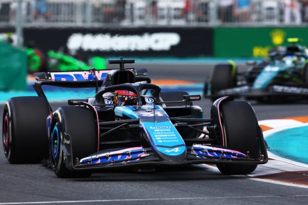  Esteban Ocon of France driving the (31) Alpine F1 A524 Renault leads Fernando Alonso of Spain driving the (14) Aston Martin AMR24 Mercedeson track during the F1 Grand Prix of Miami at Miami International Autodrome on May 05, 2024 in Miami, Florida. (Photo by Mark Thompson/Getty Images)