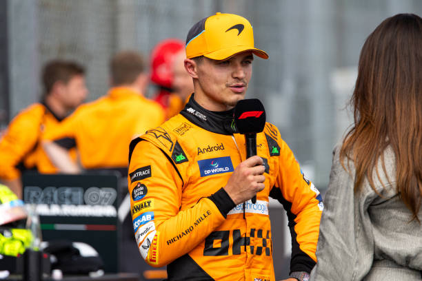 Lando Norris of Great Britain and McLaren F1 speaking in parc ferme post-race during the F1 Grand Prix of Emilia-Romagna at Autodromo Enzo e Dino Ferrari Circuit on May 19, 2024 in Imola, Italy. (Photo by Kym Illman/Getty Images)