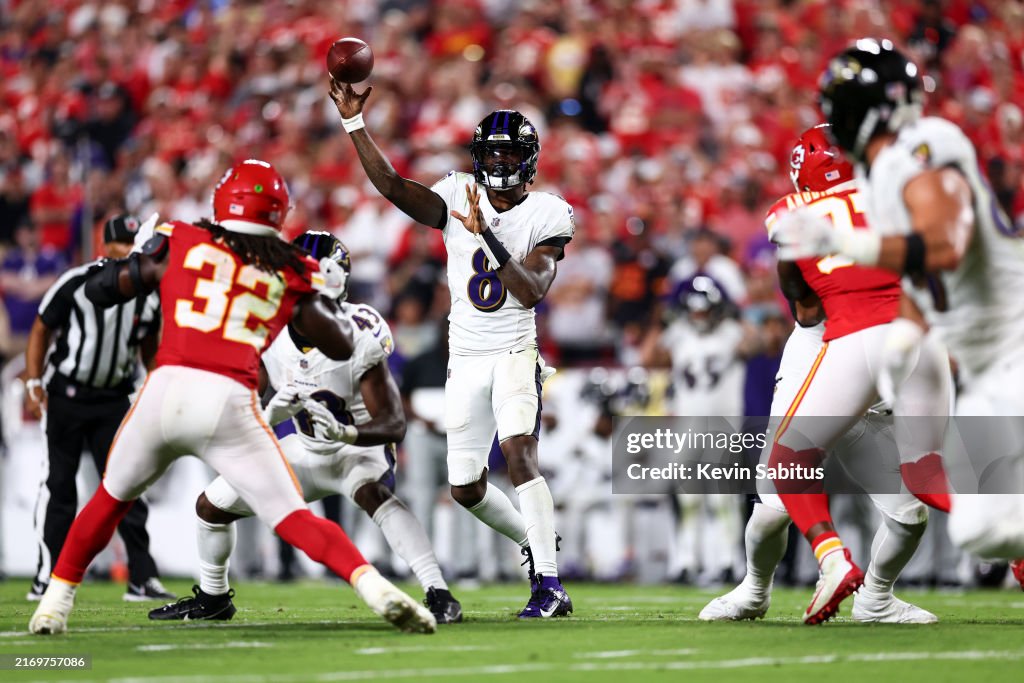 Lamar Jackson #8 of the Baltimore Ravens throws a pass during the fourth quarter of an NFL football game against the Kansas City Chiefs at GEHA Field at Arrowhead Stadium on September 5, 2024 in Kansas City, Missouri. (Photo by Kevin Sabitus/Getty Images)