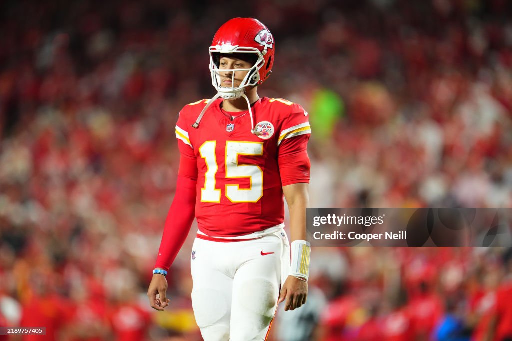 Patrick Mahomes #15 of the Kansas City Chiefs looks towards the sideline against the Baltimore Ravens during an football game at GEHA Field at Arrowhead Stadium on September 5, 2024 in Kansas City, California. (Photo by Cooper Neill/Getty Images)