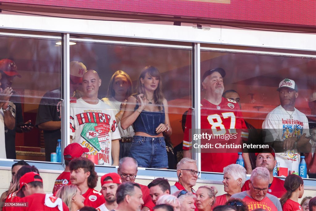 Taylor Swift cheers before the Kansas City Chiefs take on the Baltimore Ravens at GEHA Field at Arrowhead Stadium on September 05, 2024 in Kansas City, Missouri. (Photo by Christian Petersen/Getty Images)