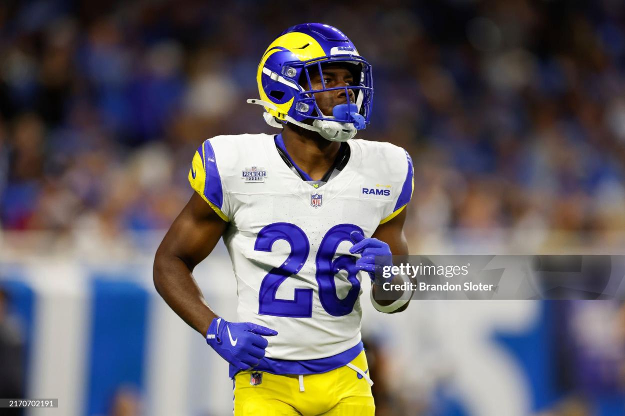 Kamren Kinchens #26 of the Los Angeles Rams lines up out wide against the Detroit Lions during the first half at Ford Field on September 08, 2024 in Detroit, Michigan. (Photo by Brandon Sloter/Getty Images)