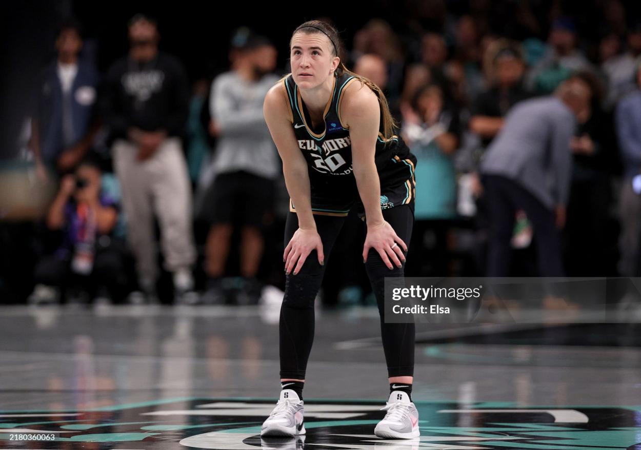 Sabrina Ionescu #20 of the New York Liberty reacts in the fourth quarter against the Minnesota Lynx during Game Five of the WNBA Finals at Barclays Center on October 20, 2024 in the Brooklyn borough of New York City. The New York Liberty defeated the Minnesota Lynx 67-62 in overtime to win the championship. NOTE TO USER: User expressly acknowledges and agrees that, by downloading and or using this photograph, User is consenting to the terms and conditions of the Getty Images License Agreement. (Photo by Elsa/Getty Images)