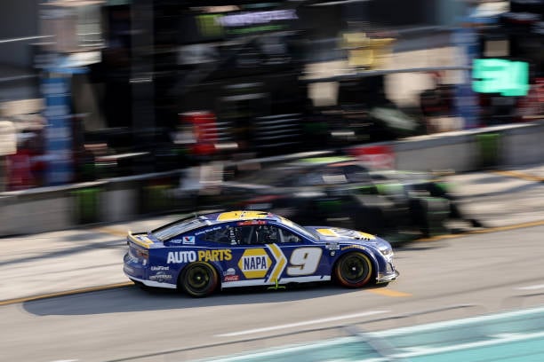 Chase Elliott, driver of the #9 NAPA Auto Parts Chevrolet, exits pit road during the NASCAR Cup Series Straight Talk Wireless 400 at Homestead-Miami Speedway on October 27, 2024 in Homestead, Florida. (Photo by James Gilbert/Getty Images)