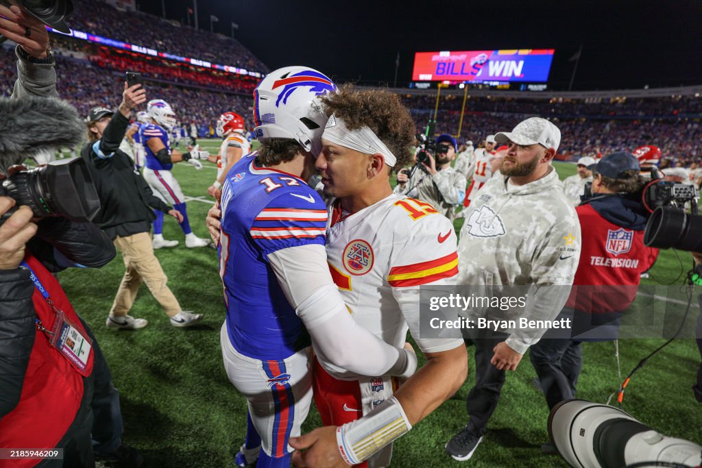 Josh Allen #17 of the &lt;strong&gt;&lt;a  data-cke-saved-href='https://www.vavel.com/en-us/nfl/2025/01/12/1209896-los-angeles-rams-playoff-preview-2024-has-matthew-staffordgot-one-more-run-left-in-him.html' href='https://www.vavel.com/en-us/nfl/2025/01/12/1209896-los-angeles-rams-playoff-preview-2024-has-matthew-staffordgot-one-more-run-left-in-him.html'&gt;Buffalo Bills&lt;/a&gt;&lt;/strong&gt; and &lt;strong&gt;&lt;a  data-cke-saved-href='https://www.vavel.com/en-us/nfl/2024/12/26/1208527-merry-chiefsmas-as-kansas-city-secure-number-1-spot-in-the-afc.html' href='https://www.vavel.com/en-us/nfl/2024/12/26/1208527-merry-chiefsmas-as-kansas-city-secure-number-1-spot-in-the-afc.html'&gt;Patrick Mahomes&lt;/a&gt;&lt;/strong&gt; #15 of the Kansas City Chiefs embrace after a game at Highmark Stadium on November 17, 2024 in Orchard Park, New York. (Photo by Bryan Bennett/Getty Images)