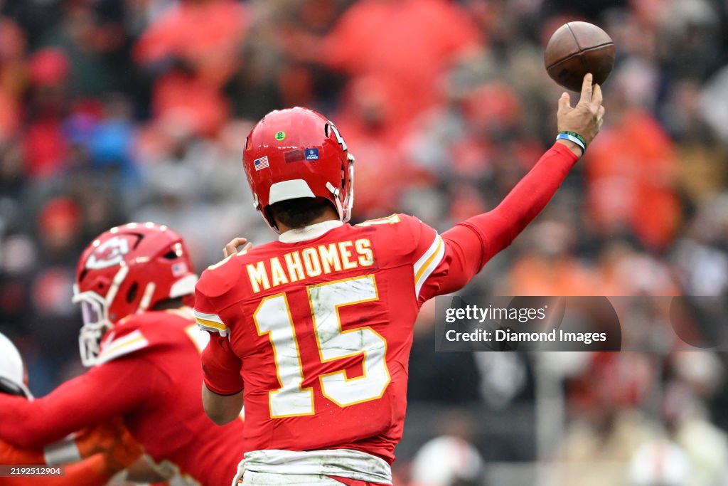 Patrick Mahomes #15 of the Kansas City Chiefs throws a pass during the third quarter against the Cleveland Browns at Huntington Bank Field on December 15, 2024 in Cleveland, Ohio. (Photo by Nick Cammett/Diamond Images via Getty Images)