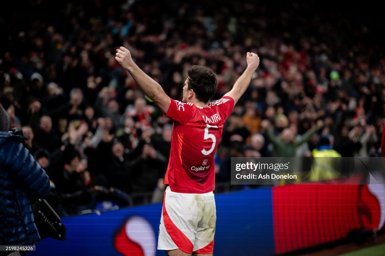 Manchester, England - February 07: Harry Maguire of Manchester United celebrates his second goal during the Fa Cup Cup fourth round match between Manchester United and Leicester City of Old Trafford on February 07, 2025 in Manchester, England. (Ash Donelon/Manchester United Photo through Getty Images)