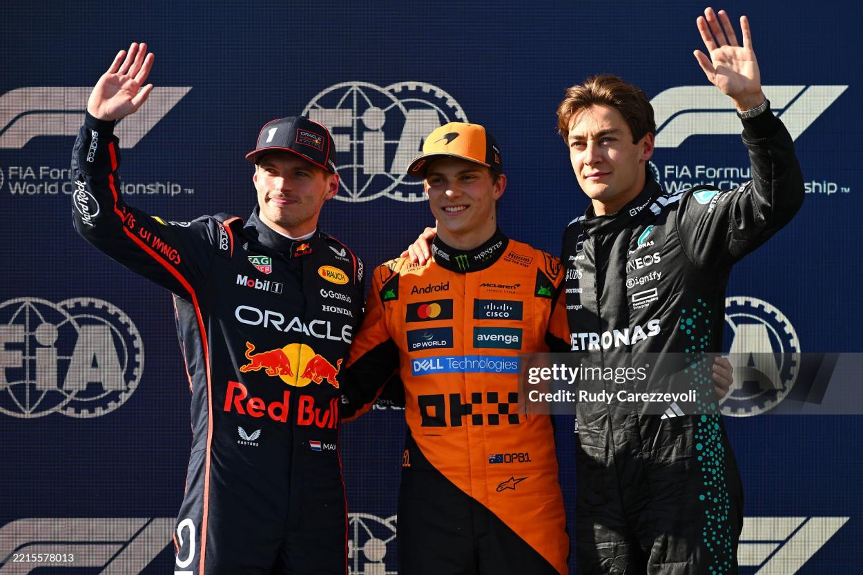 IMOLA, ITALY - MAY 17: Top three qualifiers Pole position qualifier Oscar Piastri of Australia and McLaren Second placed qualifier Max Verstappen of the Netherlands and Oracle Red Bull Racing and Third placed qualifier George Russell of Great Britain and Mercedes AMG Petronas F1 Team during qualifying ahead of the F1 Grand Prix of Emilia-Romagna at Autodromo Internazionale Enzo e Dino Ferrari on May 17, 2025 in Imola, Italy. (Photo by Rudy Carezzevoli/Getty Images)