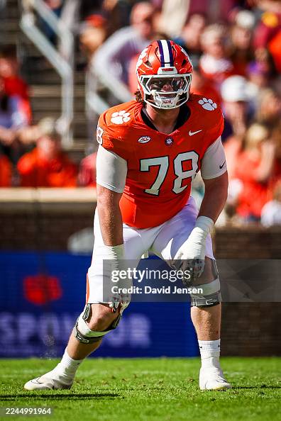 Blake Miller Clemson Tigers offensive tackle blocks during game