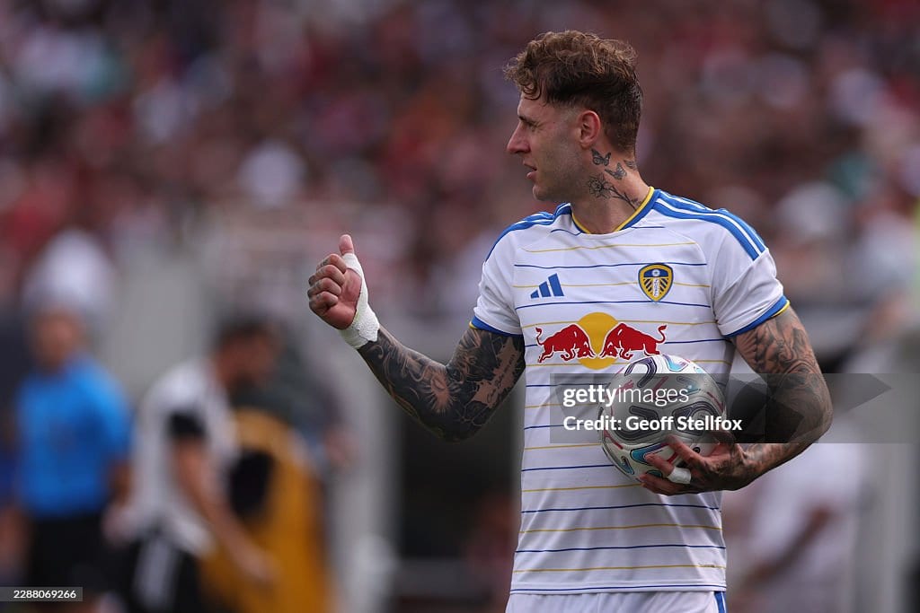 Joe Rodon of Leeds United during the second half of a preseason friendly against Liverpool. (Photo by Geoff Stellfox/Getty Images)
