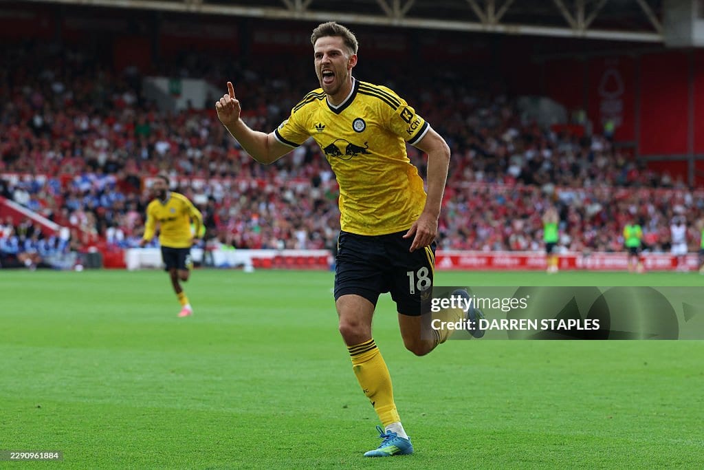 Anton Stach celebrates after scoring the opening goal during the English Premier League football match between Nottingham Forest and Leeds United. (Photo by Darren Staples / AFP via Getty Images)