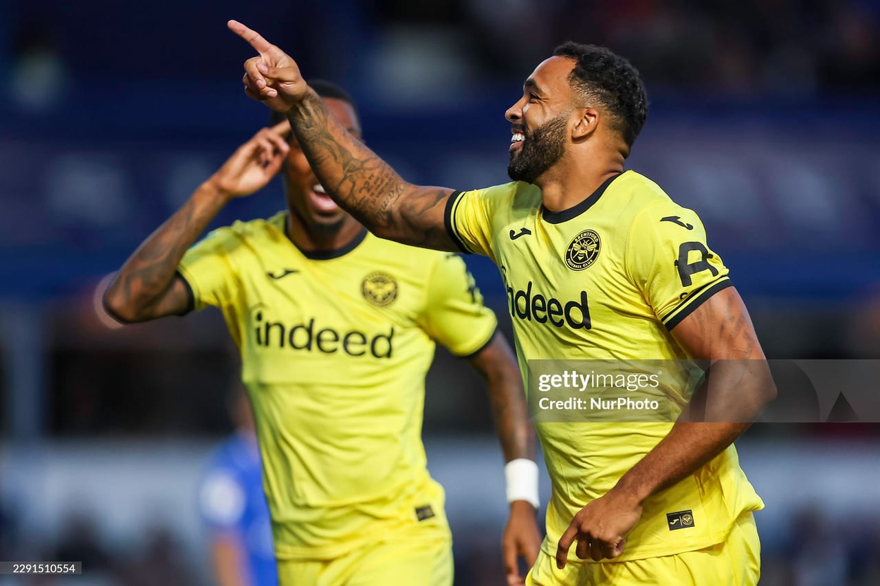 Callum Wilson celebrates his first goal in new colours for Brentford (Photo by Stuart Leggett/MI News/NurPhoto via Getty Images)