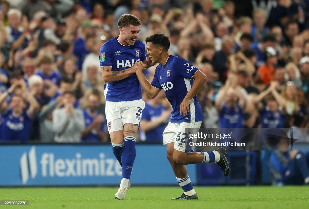 Marcelino Nunez and Leif Davis celebrate Ipswich's progression (Photo by Richard Pelham/Getty Images)