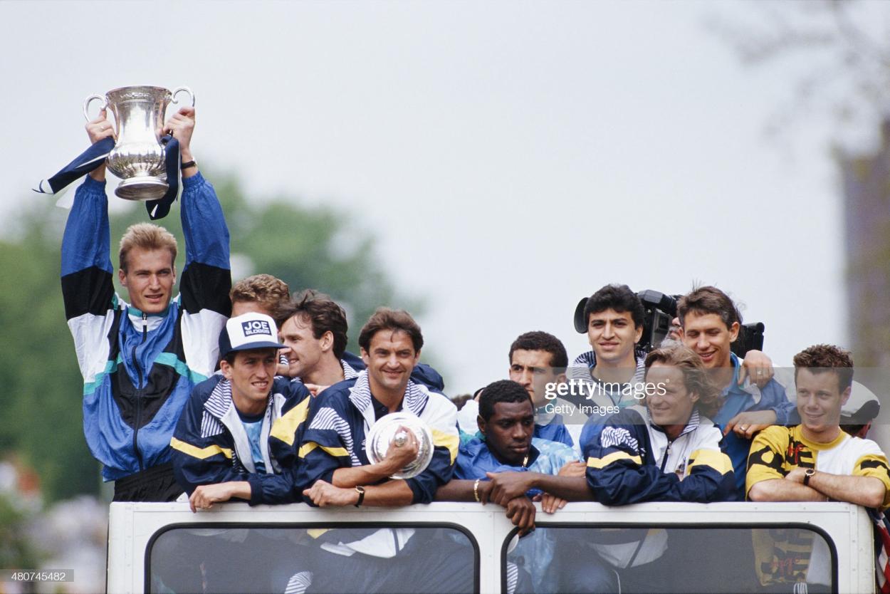 Spurs celebrate their FA Cup win in 1991. (Photo by Ben Radford/Allsport/Getty Images)