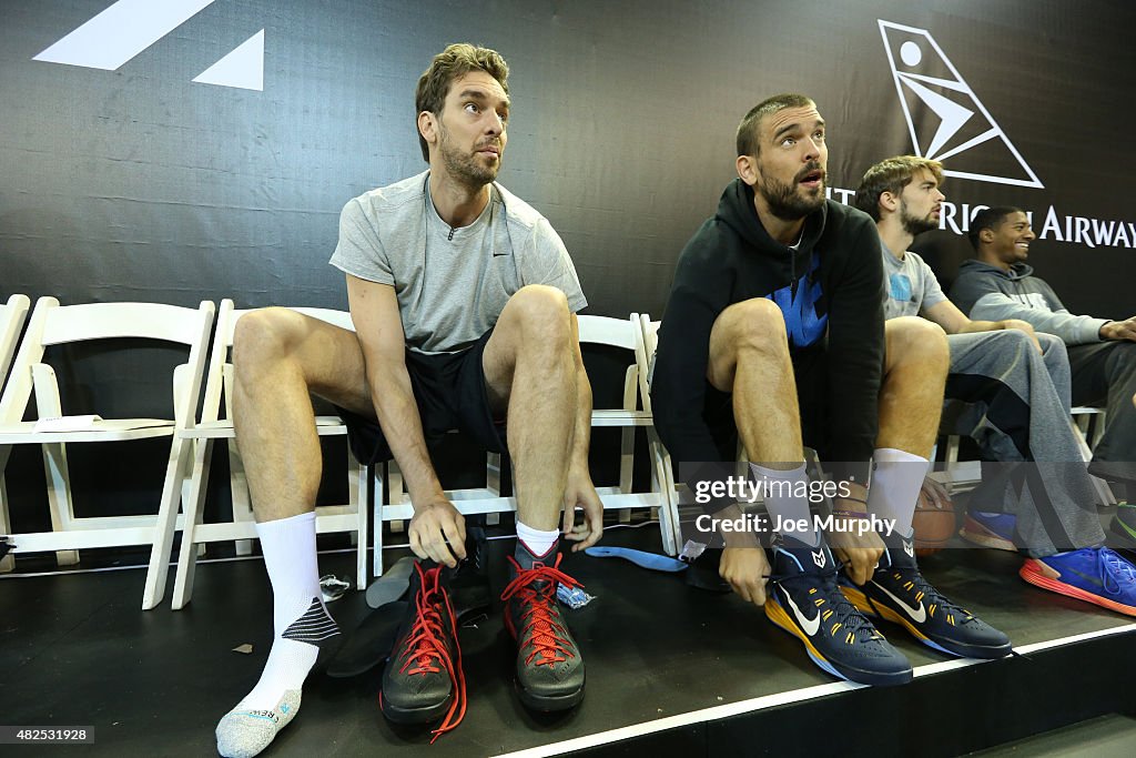 JOHANNESBURG, SA - JULY 31: Pau and Marc Gasol of Team World gets ready during practice for the NBA Africa Game 2015 as part of Basketball Without Borders on July 31, 2015 at the Ellis Park Arena in Johannesburg, South Africa. NOTE TO USER: User expressly acknowledges and agrees that, by downloading and or using this photograph, User is consenting to the terms and conditions of the Getty Images License Agreement. Mandatory Copyright Notice: Copyright 2015 NBAE (Photo by Joe Murphy/NBAE via Getty Images)