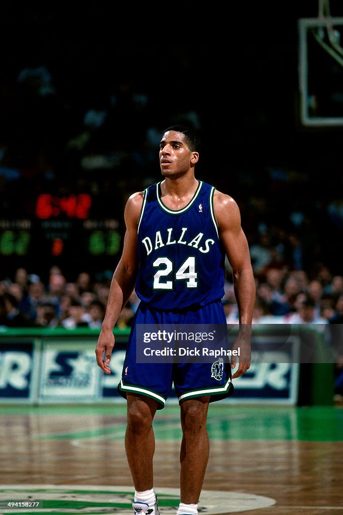 BOSTON, MA - 1993: Jim Jackson #24 of the Dallas Mavericks looks on against the Boston Celtics during a game played at the Boston Garden in Boston, Massachusetts circa 1993. NOTE TO USER: User expressly acknowledges and agrees that, by downloading and or using this photograph, User is consenting to the terms and conditions of the Getty Images License Agreement. Mandatory Copyright Notice: Copyright 1993 NBAE (Photo by Dick Raphael/NBAE via Getty Images)