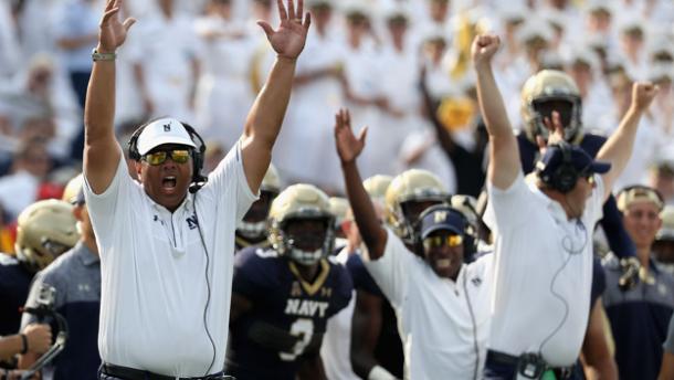 Navy head coach Ken Niumatalolo celebrates a win against Notre Dame during the regular season/Getty Images