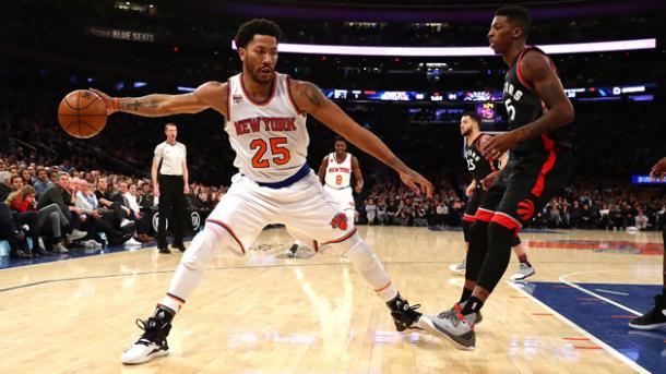 Derrick Rose in azione con la casacca dei Knicks. Fonte: Getty Images